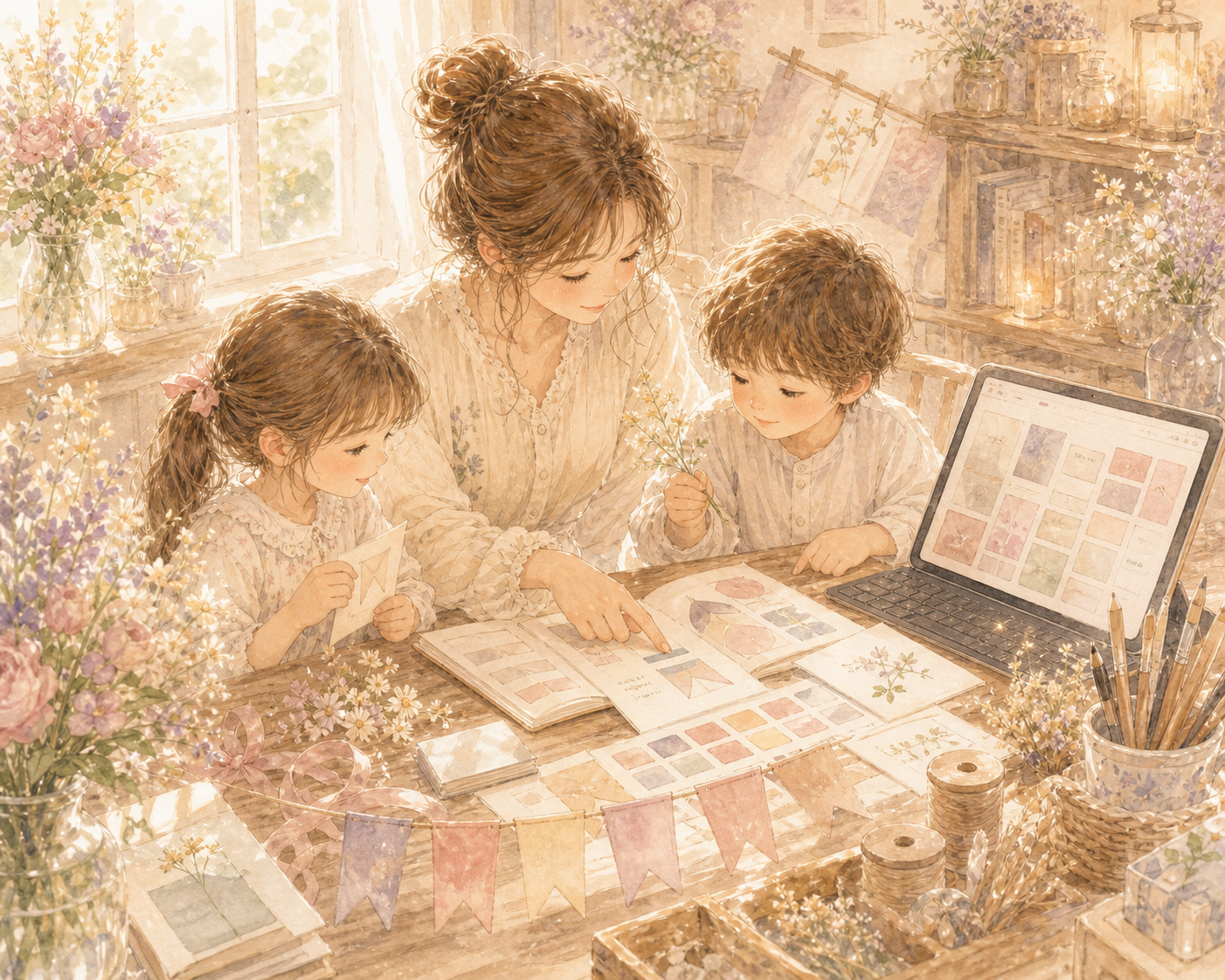 親子でバナーの色や構成を整えるあたたかな水彩の風景