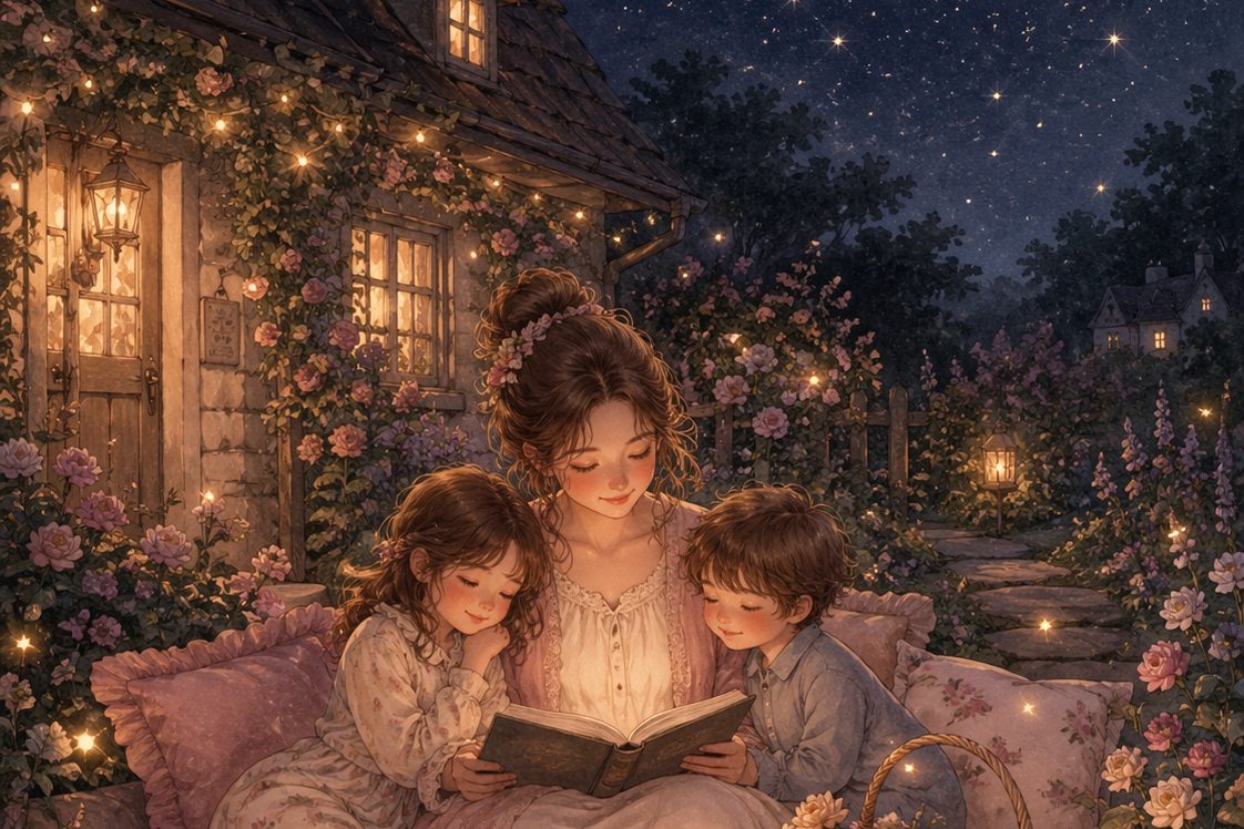 星明かりの庭で親子が本を読む穏やかな風景