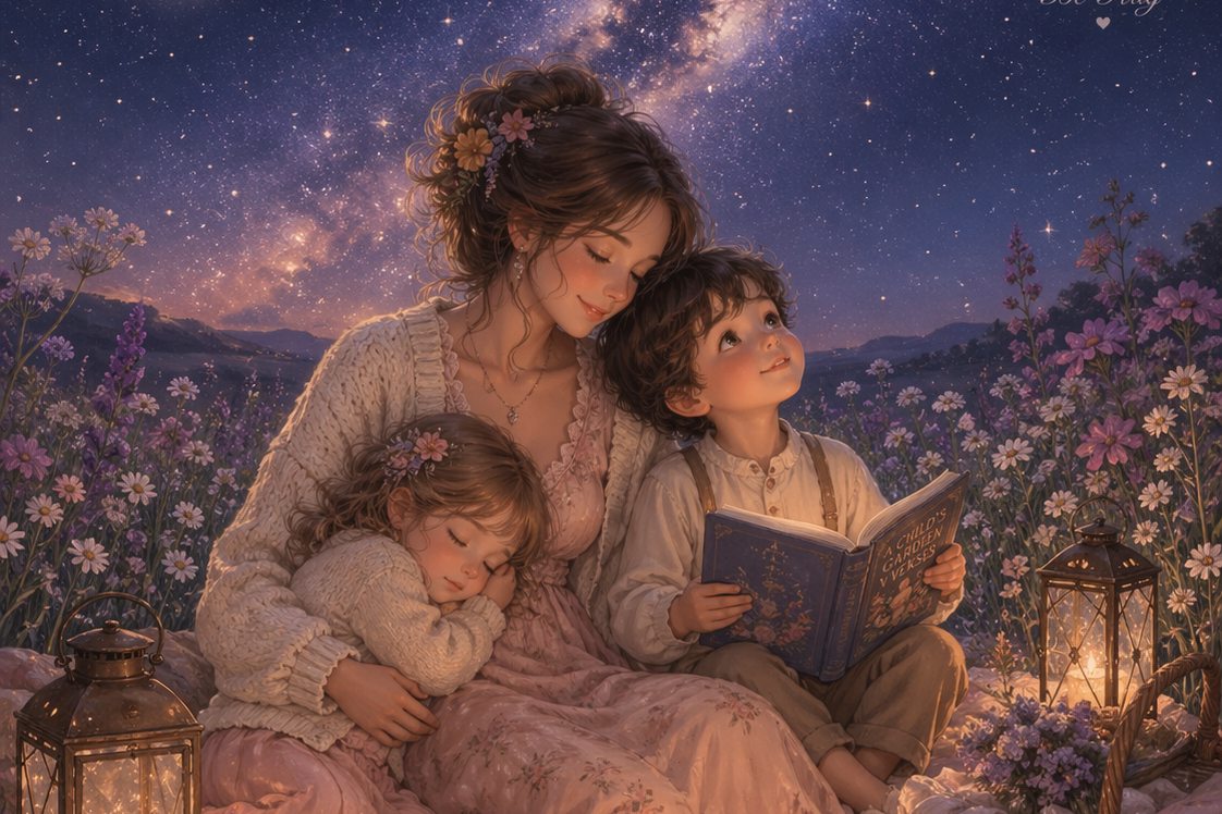 星明かりの下の静かな親子の風景